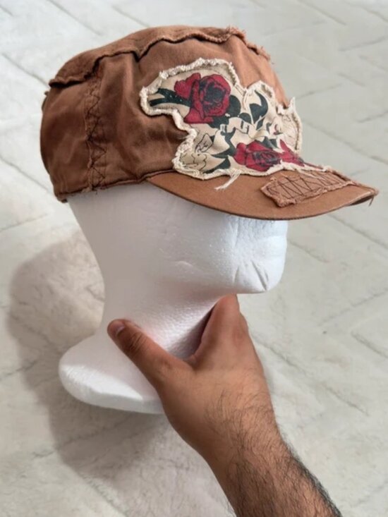 Accessories - Vintage Brown Distressed Floral Rose Patch Military Cadet Cap Hat Y2K Grunge